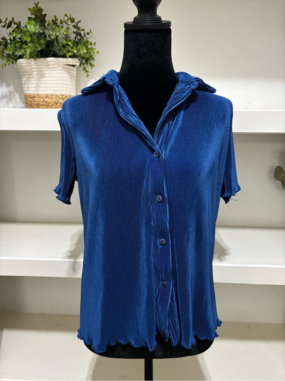 Rachel Zoe Deep Blue Pleated Short-Sleeve Button Down Shirt